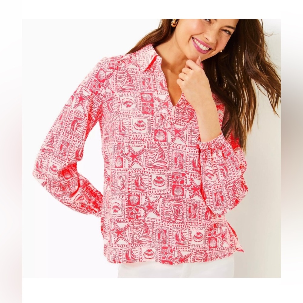 Lilly Pulitzer Rae Tunic Red Coral Orange Seashell Blouse